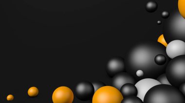 Siyah düşen üç boyutlu toplarla soyut Kara Cuma arkaplanı. Dinamik renkli kabarcıklar. Metin için kopyalama alanı olan modaya uygun modern pankart veya poster tasarımı.