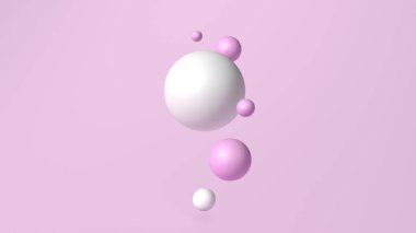 Düşen üç boyutlu toplarla soyut pembe arka plan. Dinamik renkli kabarcıklar. Metin için kopyalama alanı olan modaya uygun modern pankart veya poster tasarımı.