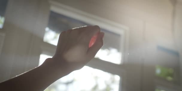 Красивая рука молодой девушки, касающейся солнечных лучей из окна на красной камере в замедленной съемке. — стоковое видео