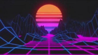 80 'lerin tarzı Retro-bilim kurgu fütüristik manzara. Buhar dalgası 3 boyutlu animasyon. Sentetik dalga dijital neon şebekeleri, güneş ve dağlar. Yüksek kalite 4k görüntü