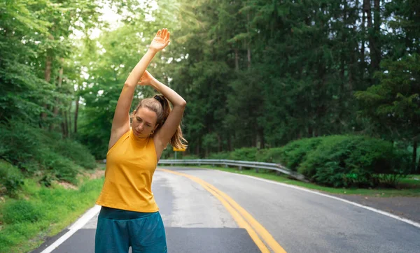 Young Fitness Woman Runner Stretching Run Road Nature Healthy Lifestyle — Stock Photo, Image