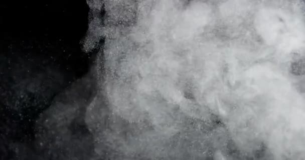 塵の混合粒子の渦 小麦粉 黒の背景に飛んで 白い粉 フレーク 煙のダイナミックな粒子がランダムに回転し 旋回し フロートし 霧の中で空間を通って空気中に落ちる — ストック動画