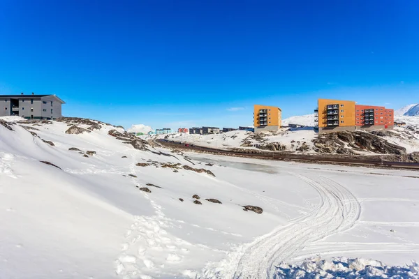 Paisaje Groenlandés Con Casas Inuit Varios Pisos Ciudad Nuuk Las — Foto de Stock