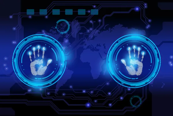 Scan hand print technologie op blauwe achtergrond. — Stockvector