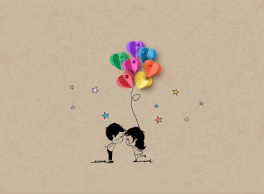 Aşk ve Sevgililer Günü 'nde çok renkli balon kağıtları ve aşk öpücüğü, kağıt kesimi tarzı.