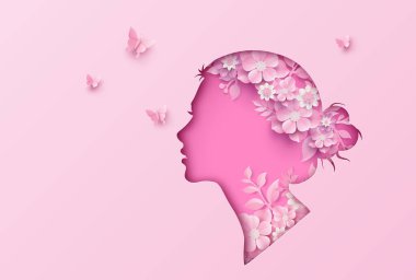 Uluslararası Kadınlar Günü 8. Yürüyüşü çiçek ve yaprak çerçevesiyle, kağıt sanatı tarzında..