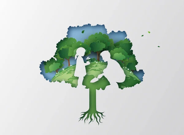 Nature Environment Concept Dad Daughter Plant Tree Paper Cut Digital — Stock Vector