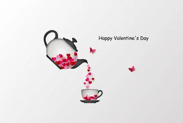 爱情和情人节 有一个茶壶 茶壶的心形在白色的黑色地面上 纸巾风格 — 图库矢量图片