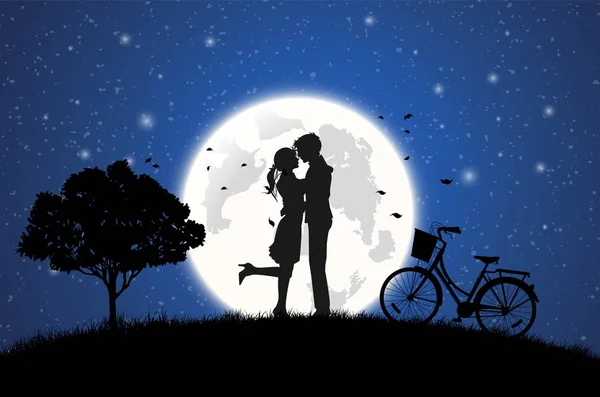 Illustration Amour Saint Valentin Avec Amoureux Embrassant Pleine Lune — Image vectorielle