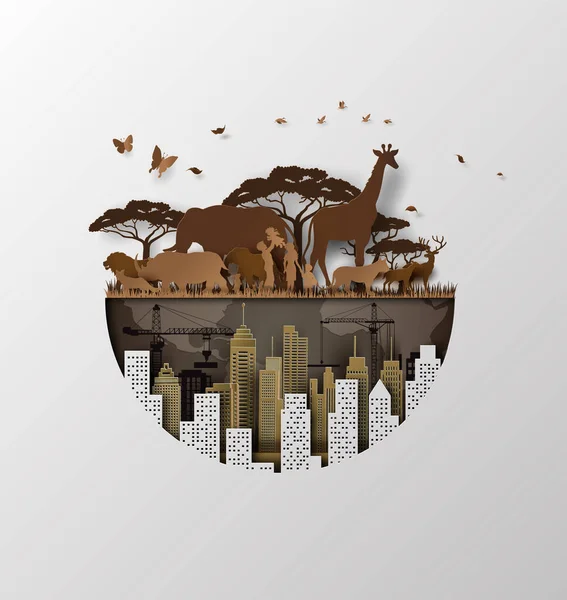 Illustration Concept Écologique Animal Forêt Vecteur Art Papier — Image vectorielle