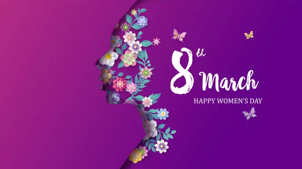 Internationaler Frauentag März Mit Blumen Und Blättern Papierschnitt Stil — Stockvektor