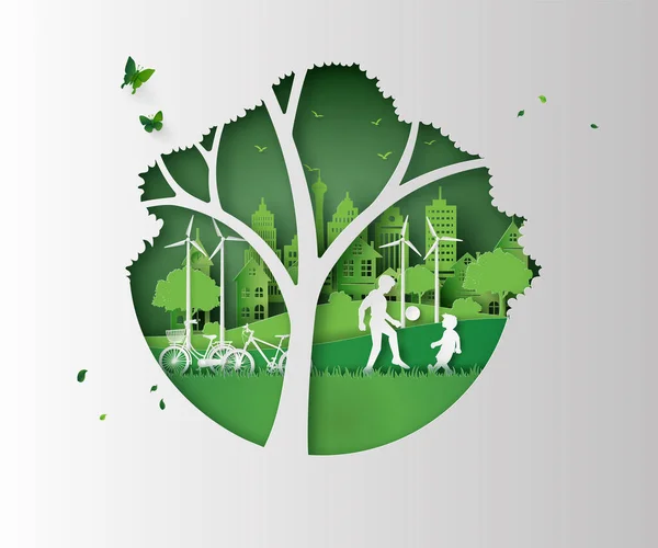 Natura Środowisko Koncepcja Szczęśliwą Rodziną Ramce Drzewa Paper Wyciąć Cyfrowy — Wektor stockowy