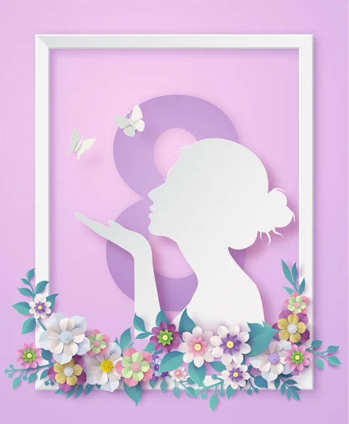 International Women Day March Frame Flower Leaves Paper Art Style — Stock Vector
