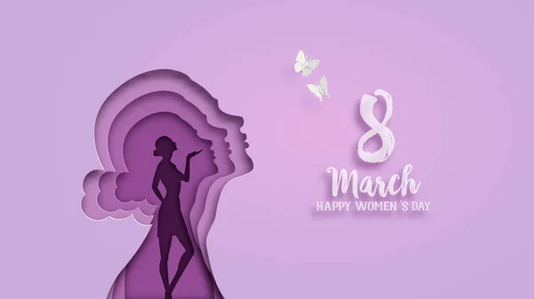 Internationaler Frauentag März Mit Frau Und Butterfliege Papierschnitt Stil — Stockvektor