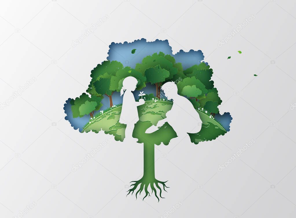 nature and environment concept with dad and daughter plant a tree .paper cut and digital craft style.
