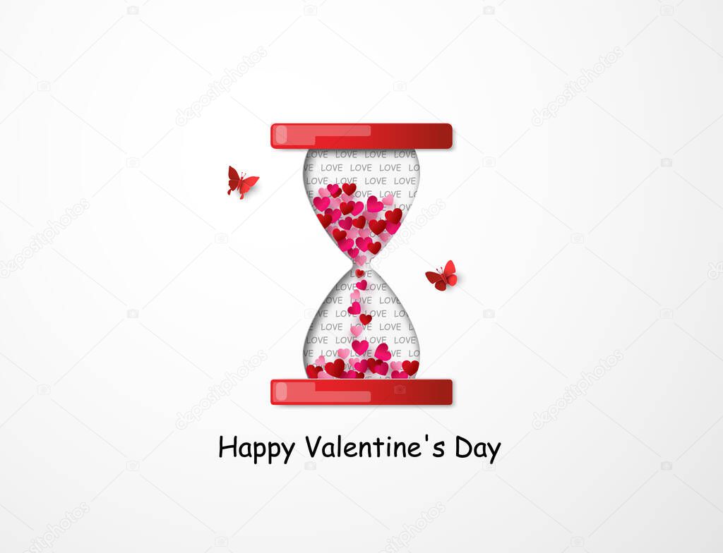 Love and Valentine day with origami made made a heart shape in the sand clock. papercut style.