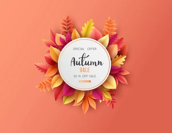 Paper Cut Autumn Season Colorful Autumn Leaves Background Vector Illustration — Stock Vector