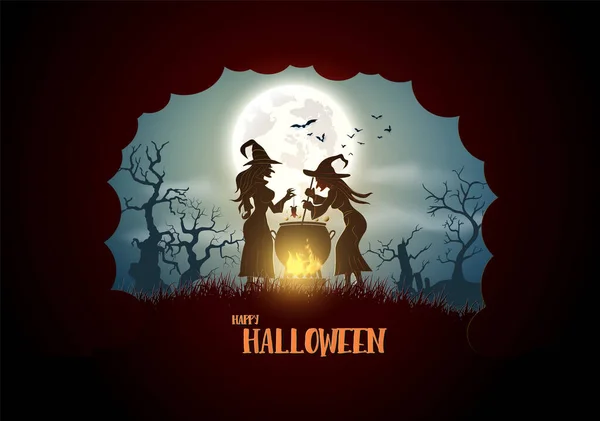 Happy Halloween Witches Cook Large Boiler Forest — Stock Vector