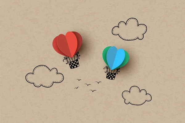 空にハート型の熱気球 手描きと紙切り — ストックベクタ