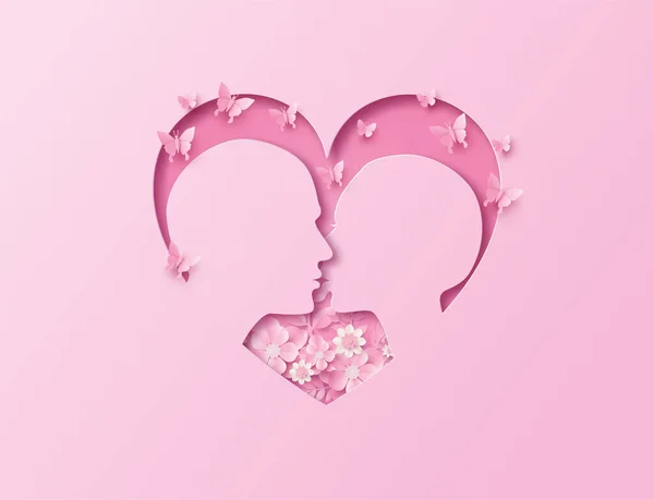 爱的概念与情人在爱的框架内接吻的情人节 剪纸风格 — 图库矢量图片