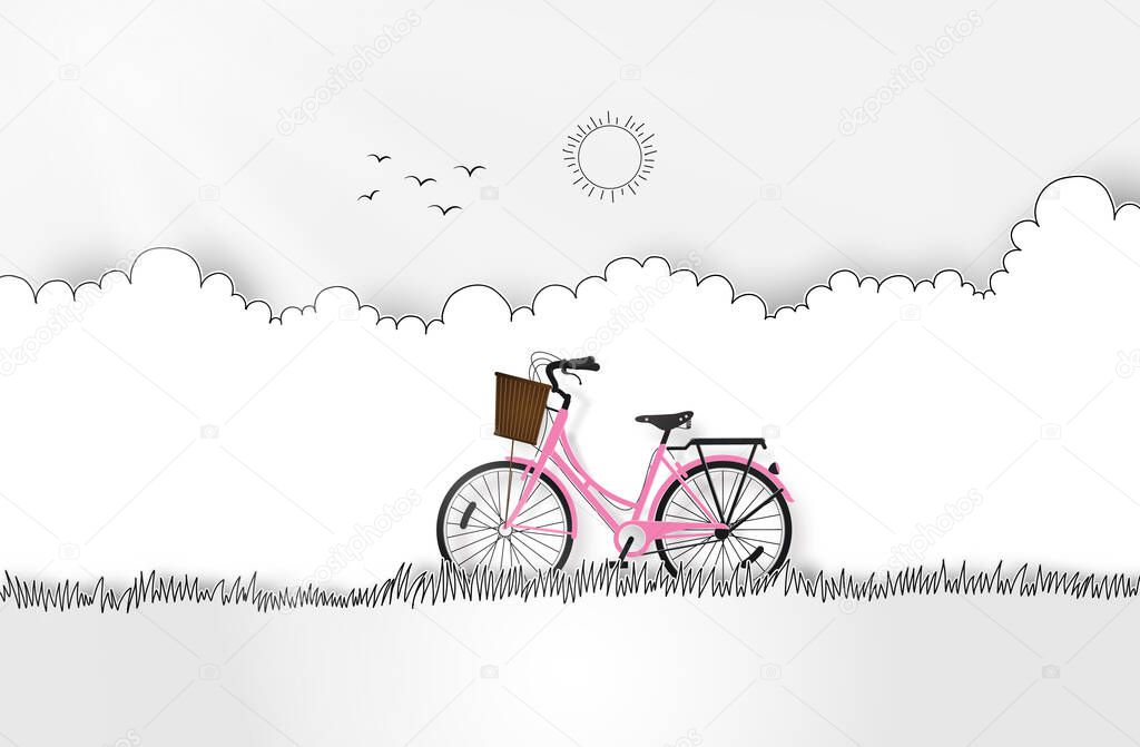 Pink Bicycle in the garden . paper cut  and hand drawing style.