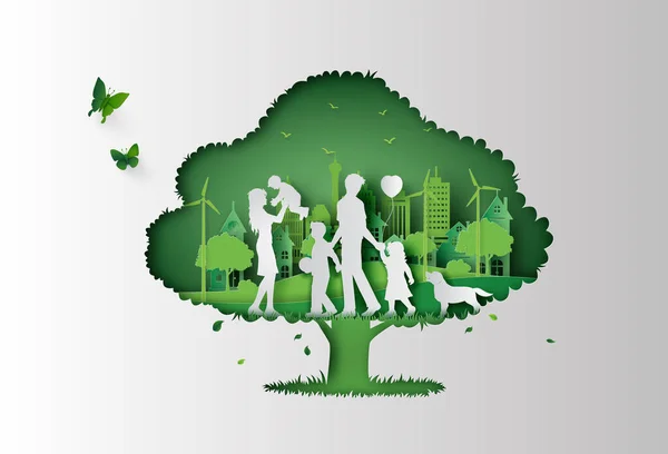 Ağaç Çerçevesinde Mutlu Bir Aile Olan Doğa Çevre Kavramı Kağıt — Stok Vektör