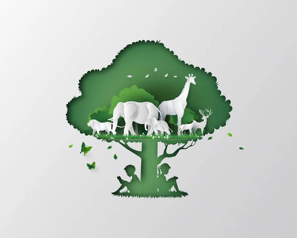Día Mundial Vida Silvestre Con Animal Bosque Marco Del Árbol — Vector de stock