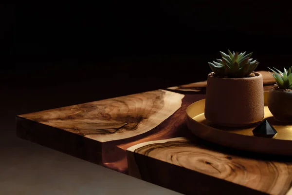 Pahalı eski mobilyalar. Masa epoksi reçineyle kaplanmış ve verniklenmiş. Yuvarlak bir ağaç tablasında altın bir epoksi nehri. Bakır aralıklarda beton kaplarda küçük kaktüsler. 