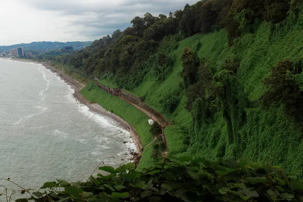 Botanik Bahçesi. Uçurumdan Karadeniz 'e bak. Yoğun yeşil yapraklarla kaplı dağlar. Tren yolu deniz kıyısındaki uçurumdan geçiyor..