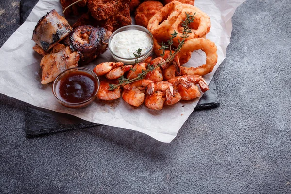 Fresh Seafood Plate Black Background — Foto de Stock