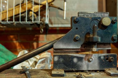 Part of the metal machine for manual processing of spare parts. Industrial design.
