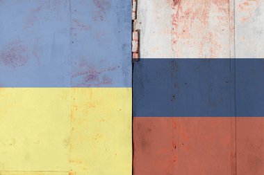 Flag of Ukraine and Russian Federation with scratch and damage texture for news feed about military conflict.