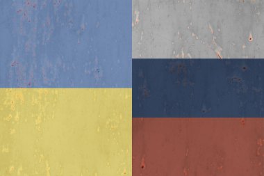 Flag of Ukraine and Russian Federation with scratch and damage texture for news feed about military conflict.