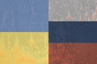Flag of Ukraine and Russian Federation with scratch and damage texture for news feed about military conflict.