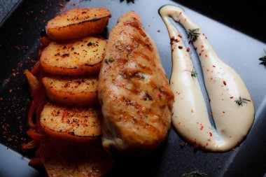 Baharatlı ızgara tavuk bifteği ve siyah bir tabakta fırında patates fotokopi alanı olan koyu dokulu bir arka planda..