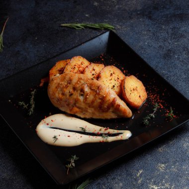 Baharatlı ızgara tavuk bifteği ve siyah bir tabakta fırında patates fotokopi alanı olan koyu dokulu bir arka planda..