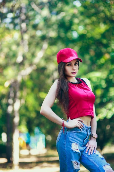 Red Cap Topic Beautiful Serious Expression Girl Long Hair Summer — Fotografia de Stock