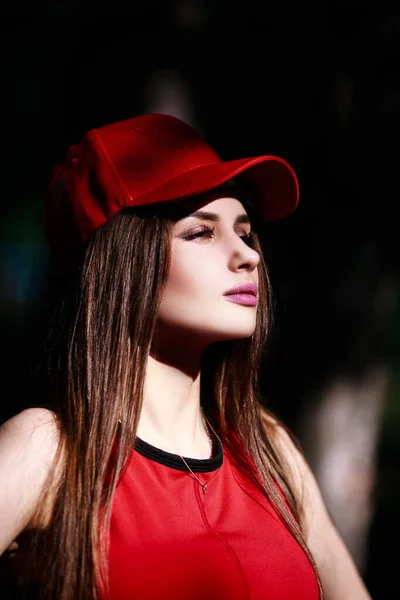 Red Cap Topic Beautiful Serious Expression Girl Long Hair Summer — Stock Fotó
