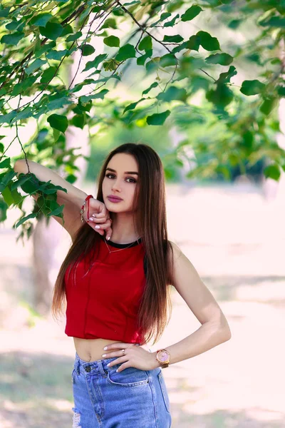 Schöne Ernste Miene Mädchen Mit Langen Haaren Sommerliche Wanderkleidung Das — Stockfoto