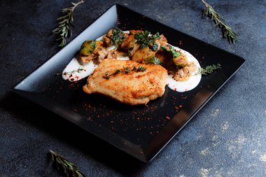 Sebzeli biftek ve siyah tabakta ızgara mantar. Baharatlar - biber, maydanoz, fesleğen, kekik, beyaz sarımsak sosu. Kızarmış etin detaylı dokusu.