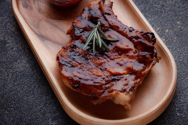 Flat Lay Grilled Pork Steak Caramelized Sauce Serving Meat Eco — 스톡 사진