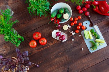 Healthy diet. Fresh vegetables on wooden table