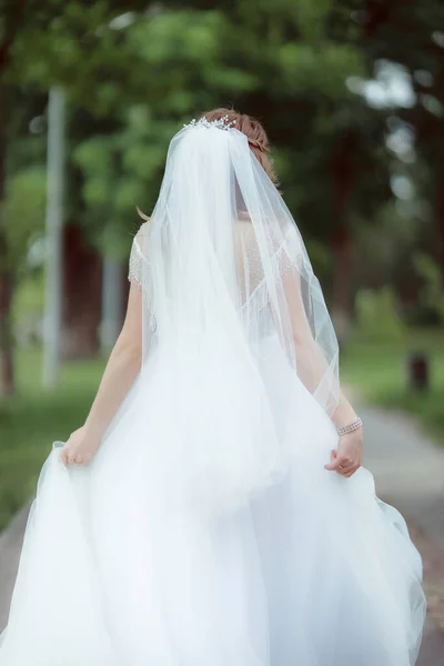 Wedding Day Bride Wedding Dress Veil Walking Park — Stock Photo, Image