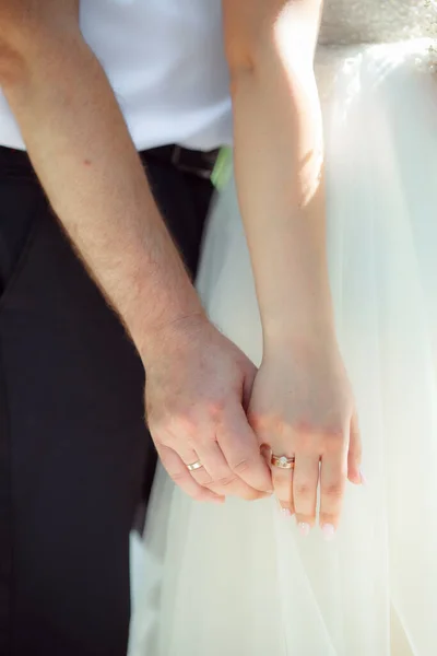 married couple in love holding hands, wedding day