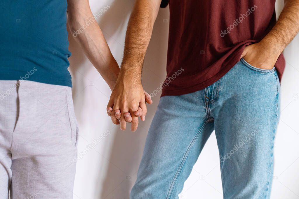 Detail of a male gay couple holding hands. Gender equality and LGBT concept