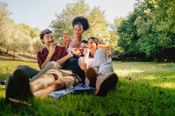 Een Groep Gelukkige Jongeren Die Plezier Hebben Met Het Eten — Stockfoto