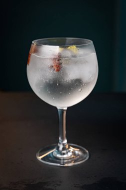 Koyu bar tezgahında cin toniği - miksoloji konsepti - yan görünüm