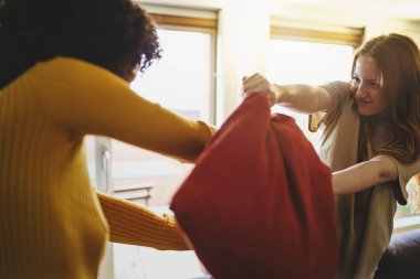 Eğlence için yastıklarla kavga eden çok kültürlü iki genç kız arkadaş. Aile ortaklığında lezbiyen kadın kavramı hem eğleniyor hem de ilişkilerde zorluk yaşıyor..