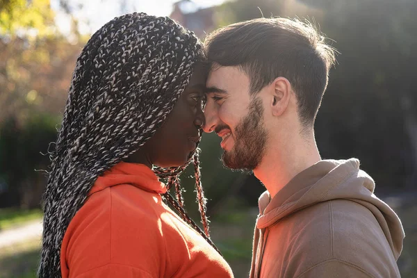 Romantic Multiracial Couple Close Forehead Forehead — Zdjęcie stockowe