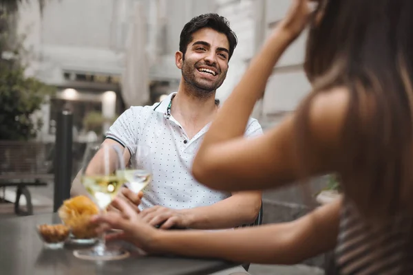 Couple Celebrating Outdoor Cafe Having Glass White Wine Focus Man — Foto de Stock